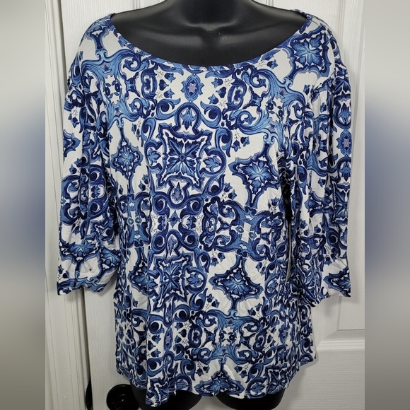 Sunny Leigh Women's Blue Patterned Top Puff Sleeves - Picture 4 of 8